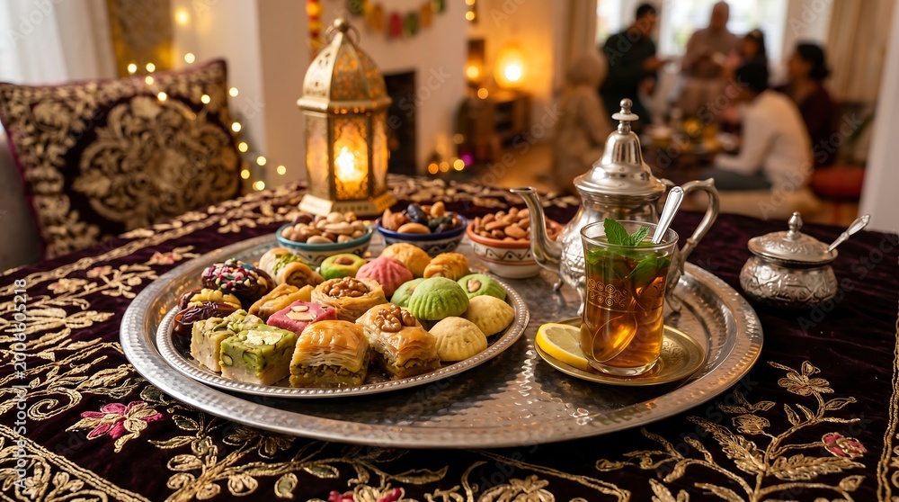 Fototapeta premium Authentic Middle Eastern Desserts & Mint Tea: Baklava, Dates & Nuts in a Cozy, Festive Setting with Traditional Decor & Lanterns