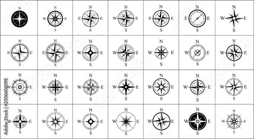 Extensive grid of compass rose navigation icons showing various styles and cardinal directions on an isolated white background.