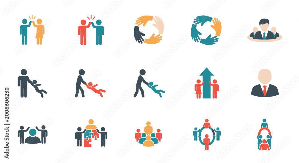 Fototapeta premium Diverse Teamwork and Human Interaction Icons Set on Isolated White Background