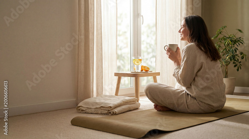 Woman relaxing with tea by window in morning sunlight