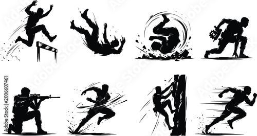Foto Dynamic action silhouettes collection with running jumping falling climbing shoo