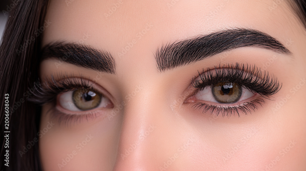 Obraz premium Close-up of a woman's perfectly shaped eyebrows and eyelashes with a subtle glitter