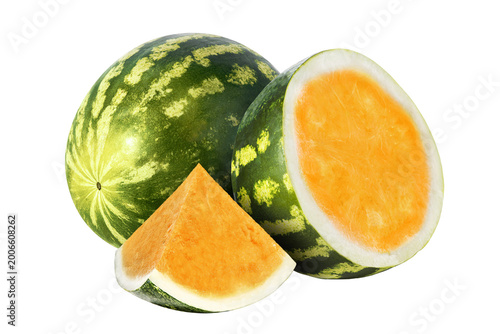 Schilderij op canvas Fresh ripe yellow seedless watermelon cut in half
