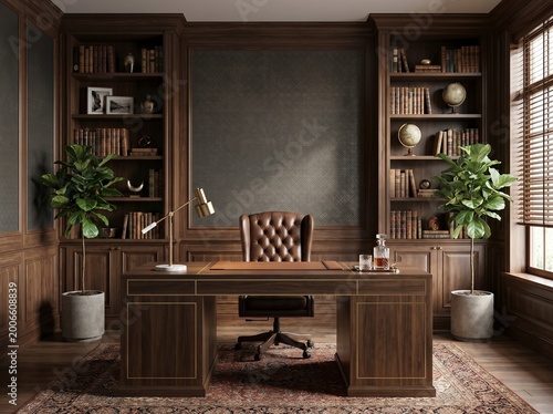 Classic Luxury Home Office Interior with Dark Wood Bookshelves and Leather Executive Chair