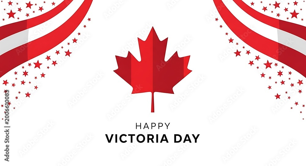 Fototapeta premium Happy Victoria Day greeting card, red maple leaf on white background, Canadian holiday celebration banner with festive ribbons and stars
