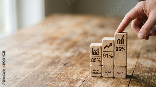 Ai federated learning network model accuracy hand touch wooden block growth on table