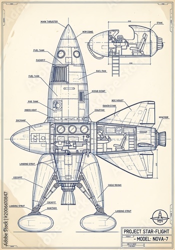 Detailed Blueprint of a Retro Futuristic Rocket Ship.