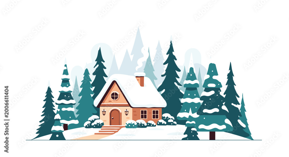 Obraz premium Picturesque winter scene of a cozy cabin covered in snow nestled within a dense forest of pine trees under a clear sky.