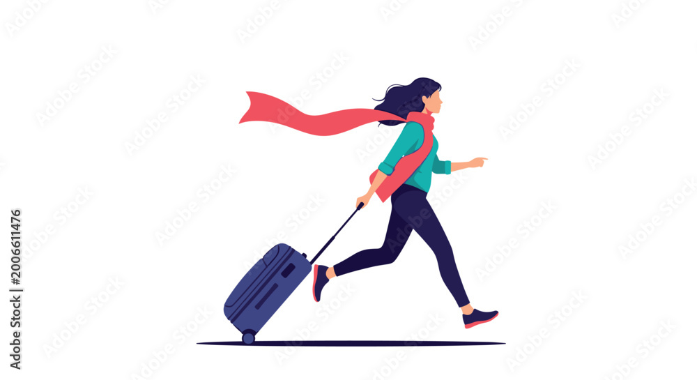 Obraz premium Young woman in a hurry running with a blue rolling suitcase and a long red scarf blowing in the wind on a white background.