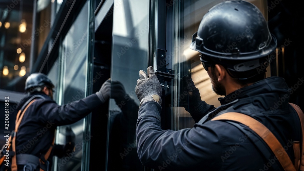 Fototapeta premium Construction workers install glass panels on a modern building in a busy city during daytime hours with tools and safety gear