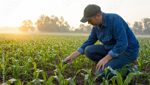 Farm worker checks corn plants in field during early morning hours with sunlight shining in background