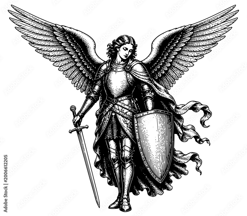 Fototapeta premium angel warrior stands with sword shield wings and flowing robes in a vintage medieval engraving illustration