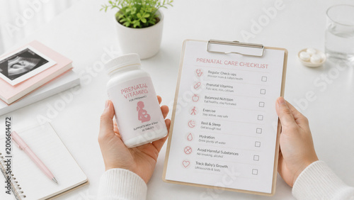 Close-up of hands holding prenatal vitamins alongside a prenatal care checklist in a clean, minimal healthcare setting. Concept of pregnancy care, maternal health, and healthy lifestyle