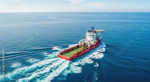 An industrial offshore supply ship cuts through the deep blue ocean, creating a powerful white wake under a clear sky seen from above, blue, logistics, cargo