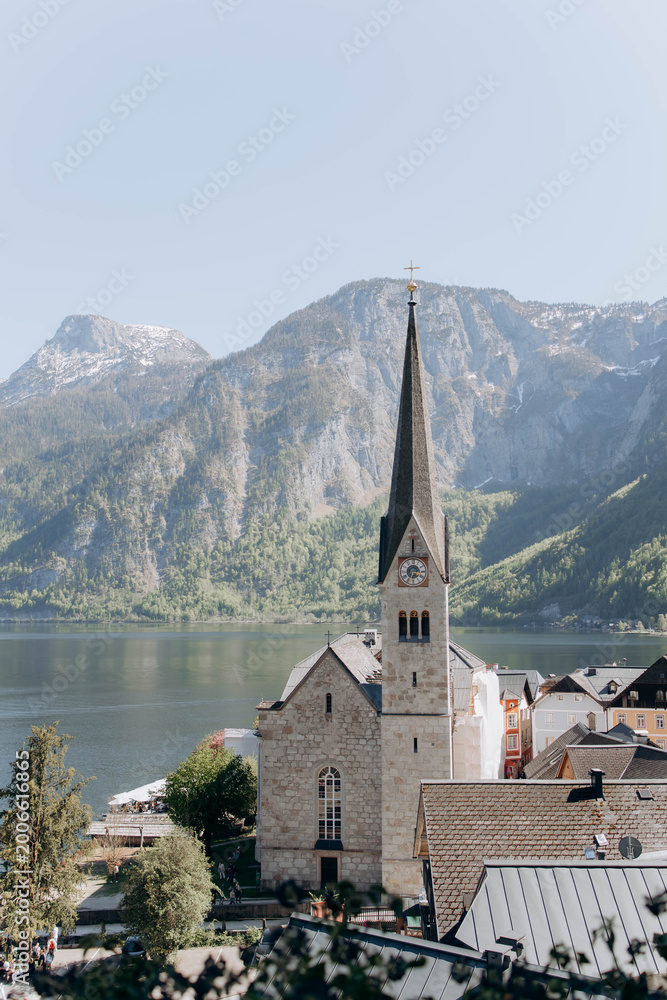 Fototapeta premium Beautiful panoramic view of Hallstatt alpine landscape with lake and mountain scenery