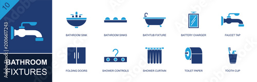 Bathroom fixtures icon set. Containing bathroom sink, bathtub, faucet tap, shower controls, shower curtain, toilet paper, tooth cup, mirror, folding doors and more. Solid fill vector icons.