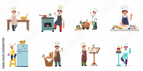 Set of cute illustrations of a young boy chef cooking, baking, and preparing food in various kitchen settings.