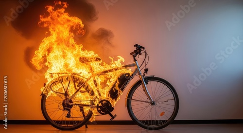 An electric bicycle caught in a massive blaze while charging inside a room, with thick smoke and flames erupting from the battery pack, accident, hazard, power
