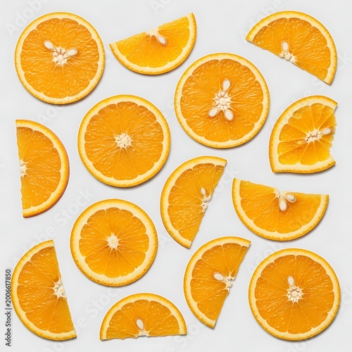 Orange slices arranged on a white surface, top view, healthy food.