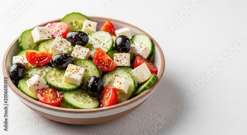 Fresh Mediterranean salad featuring crisp cucumbers, ripe red tomatoes, briny olives, and creamy feta cheese crumbles in a rustic bowl, appetizer, healthy, lunch