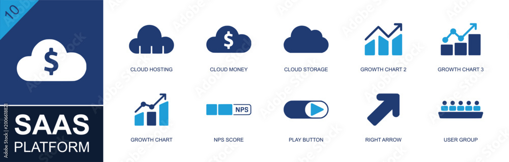 Obraz premium SaaS platform icon set. Containing cloud hosting, cloud money, cloud storage, growth chart, NPS score, play button, right arrow, user group, analytics and more. Solid fill vector icons.