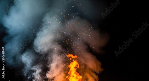 Thick grey and black smoke billows upward from a glowing orange wood fire, rising into the dark night air with floating sparks and embers, pollution, embers, combustion