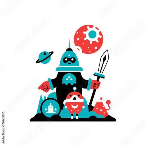Retro Space Warrior Vector Illustration with Robot and Planets