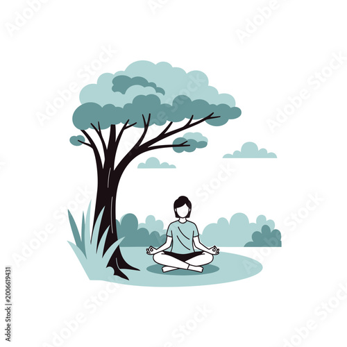 Vector illustration of a person meditating under a tree in a park