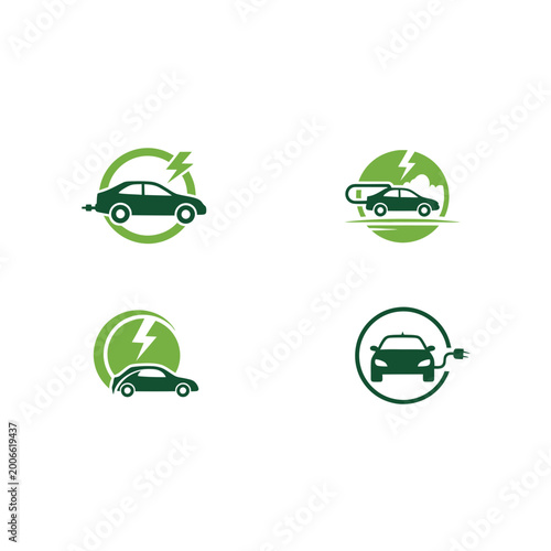 Green electric car icons for sustainable transport and clean energy