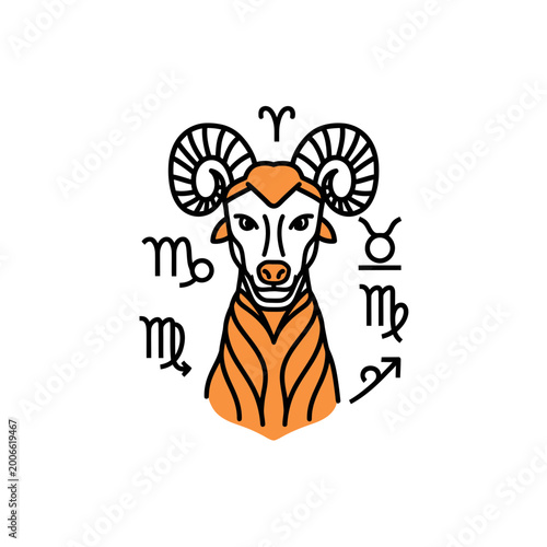 Aries Ram Zodiac Sign Vector Illustration with Horoscope Symbols