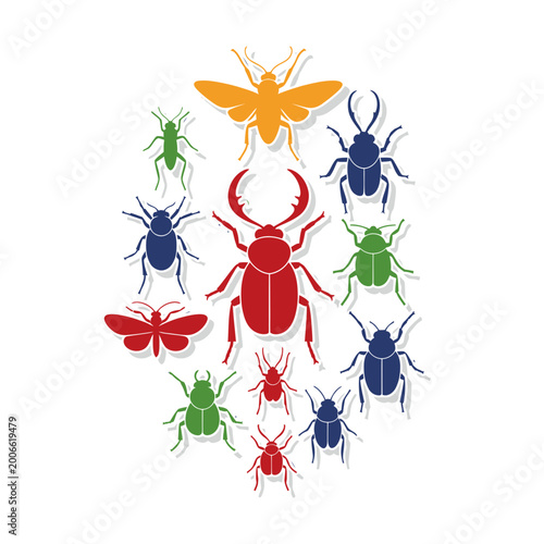 Colorful Insect and Beetle Silhouette Vector Illustration Set