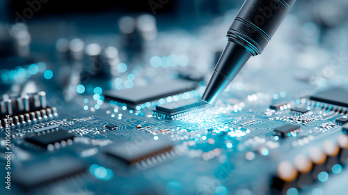 Precision Laser Soldering on High Tech Microchip Circuit Board - Close up of a robotic arm or pen tool working on electronic components with blue light flares for technology and AI industry.