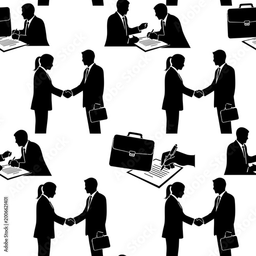 Business silhouettes seamless pattern with handshakes and contracts