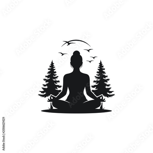 Zen Yoga Meditation Silhouette in Forest with Birds