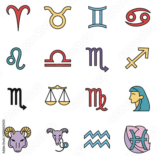Colorful Zodiac Signs and Astrology Symbols Vector Icon Set