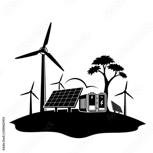 Renewable Energy Concept Vector with Wind Turbines and Solar Panels