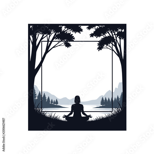 Yoga meditation silhouette in forest landscape with central frame