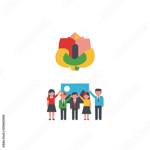 Business team celebrating success with colorful abstract logo vector