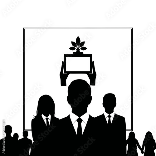 Silhouette of business people with eco growth award plaque