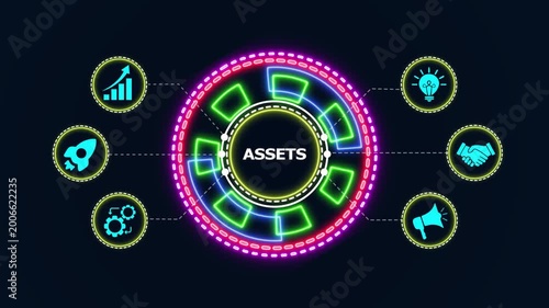 Assets word on a gear surrounded by business icons, representing a robust financial strategy and growth.
