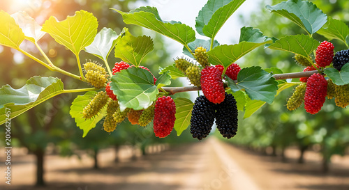 Mulberry branch with unripe green and ripe dark berries in orchard setting