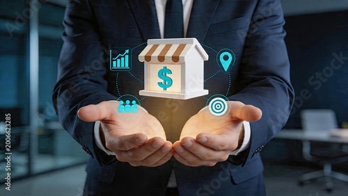 Businessman holding a miniature house model with money symbol hologram icons representing growth and customers office setting