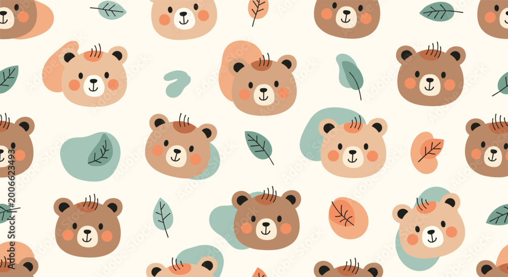 Fototapeta premium Sweet seamless pattern featuring cute teddy bear faces and colorful autumn leaves and shapes on a cream background.