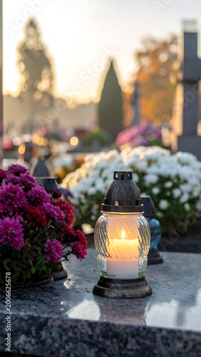 Cemetery candle and flowers.