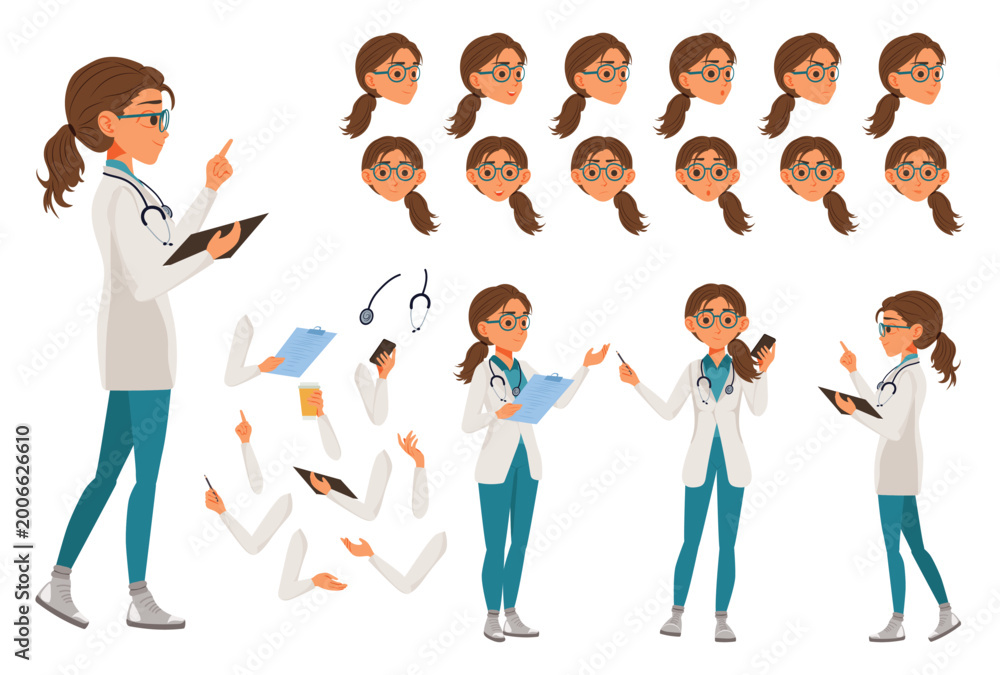 Fototapeta premium Female doctor character construction kit for medical animation.