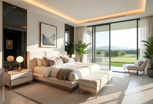 spacious bedroom with a view of the golf course