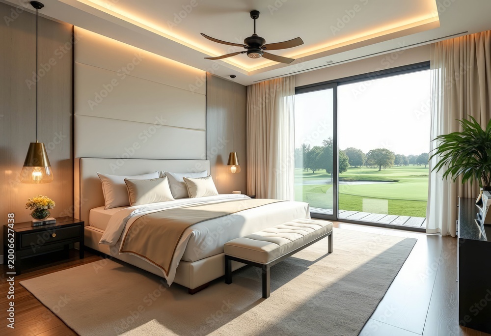 Fototapeta premium spacious bedroom with a view of the golf course