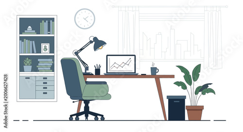Foto Modern Home Office Setup with Laptop, Desk, Chair, Bookshelf, and Plant