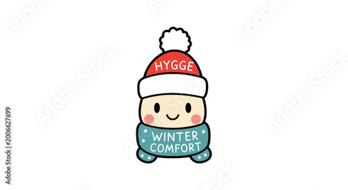 Cute cartoon character in hygge hat and winter scarf illustration