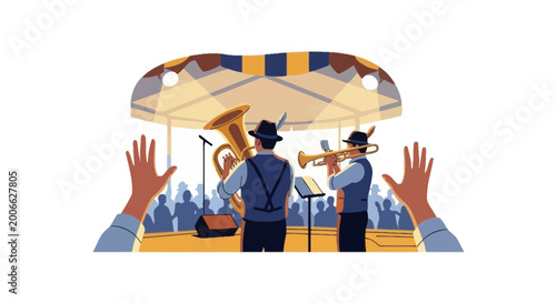 Musicians performing on stage at an outdoor brass band festival